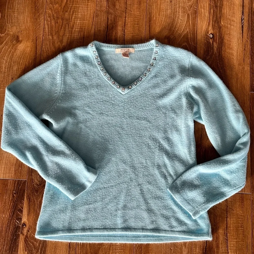 Blue V-Neck Sweater with Embellished Neckline - Picture 1 of 3